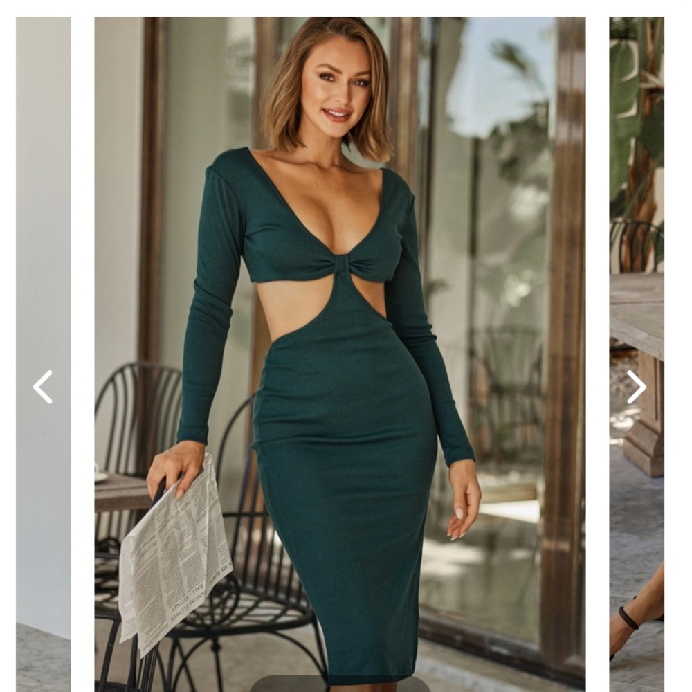 Selfie Leslie Acapulco Long Sleeve Cut-Out Waist Side Split Midi Dress Forest